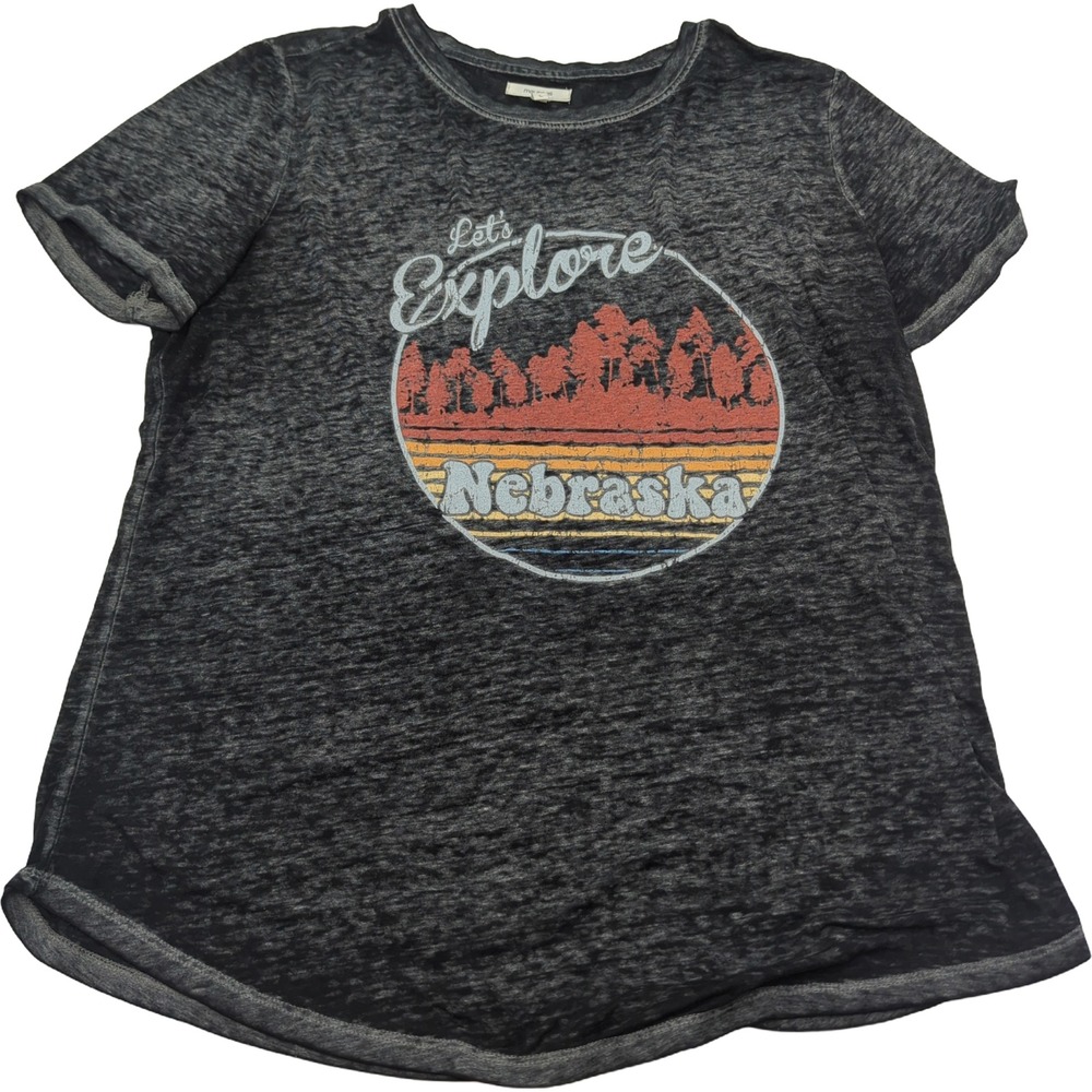 Maurices Lets Explore Nebraska Graphic Tee Charcoal Grey Burnout Top Large